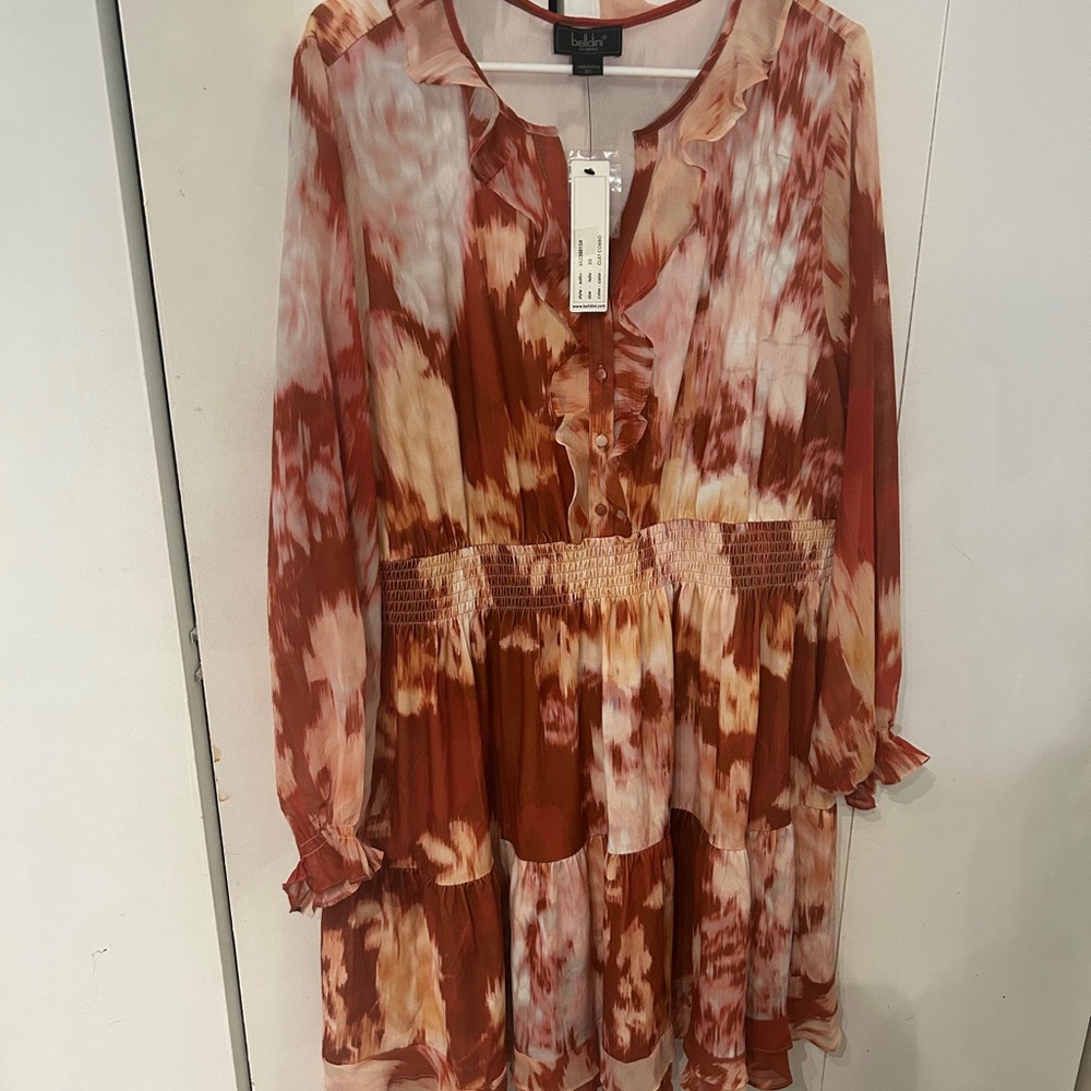 Belldini Rust and Cream Tie-Dye Long Sleeve Tiered Dress - Picture 2 of 12